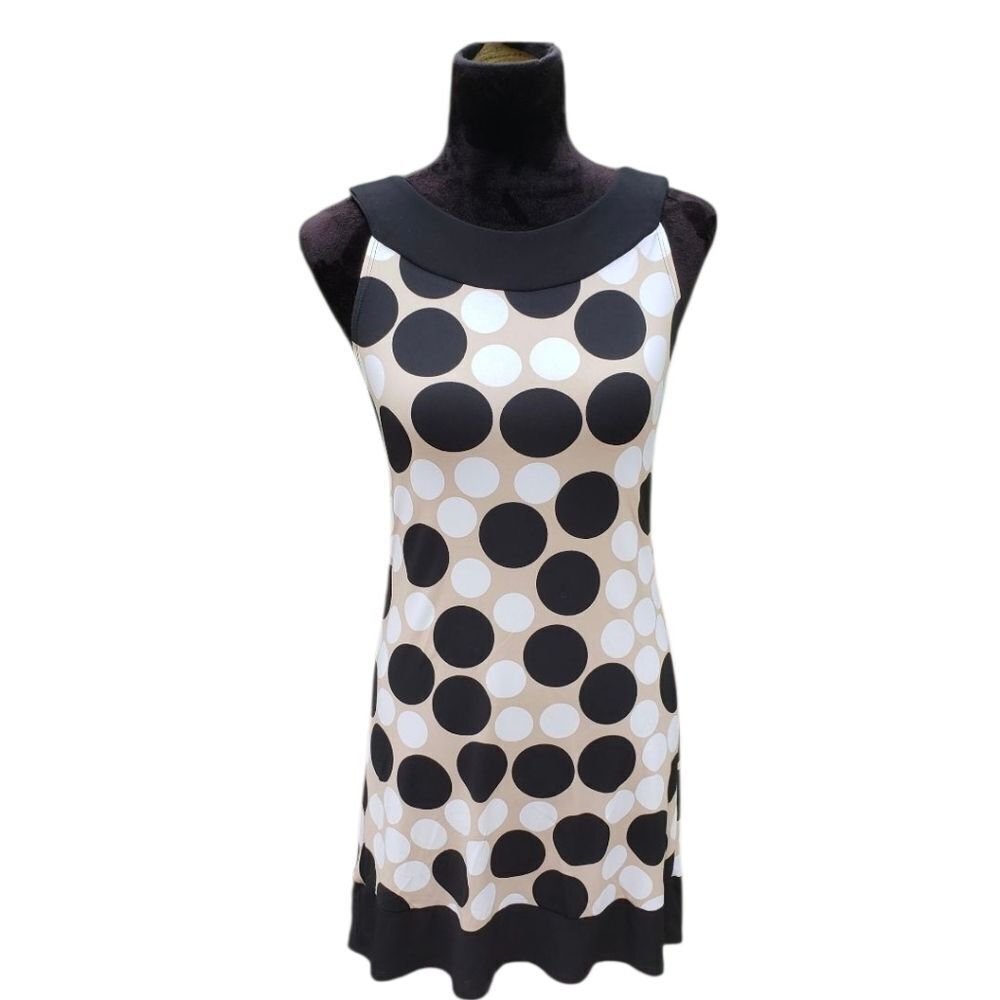 B.Darlin Ladies Tan Black White Business Casual Sheath Polka Dot Dress, Sz 3/4